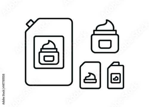 Skincare product icons with cream jars and bottles in minimalist line art style vector icon illustration