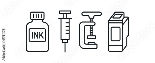 Outline icons of ink bottle, syringe, clamp, and cartridge vector icon illustration