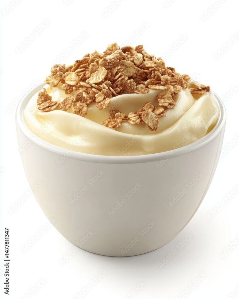 Yogurt with Granola Topping in White Bowl Studio Shot Close Up Healthy Breakfast Food Dessert Yogurt with Granola Topping in White Bowl Studio Shot Close Up Healthy Breakfast Food Dessert