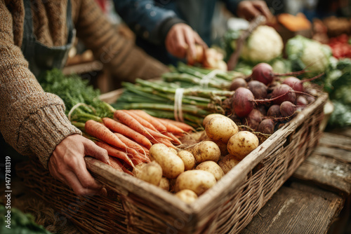 Close-up of a woman purchasing groceries from a farmer is market, showing fresh farm produce, emphasizing the importance of supporting local agriculture