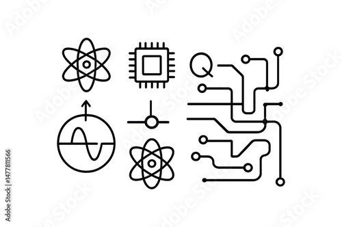 Quantum computing icons atom, circuit, chip, wave, quantum elements vector icon illustration