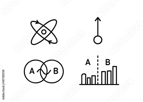 Science diagram symbols - atom, gravity, venn diagram, bar graph vector icon illustration