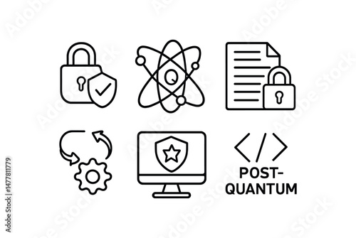 Post-quantum cryptography icons security, atom, blockchain, gear, shield, code vector icon illustration