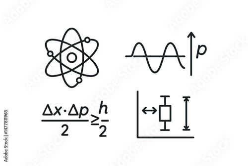 Physics symbols atom, wave, uncertainty principle, graph illustrations vector icon illustration