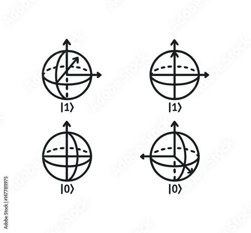 Quantum state representations qubits and bloch sphere diagram vector icon illustration