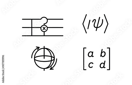 Quantum mechanics symbols set qubit circuit, wave function, spin rotation, matrix notation vector icon illustration