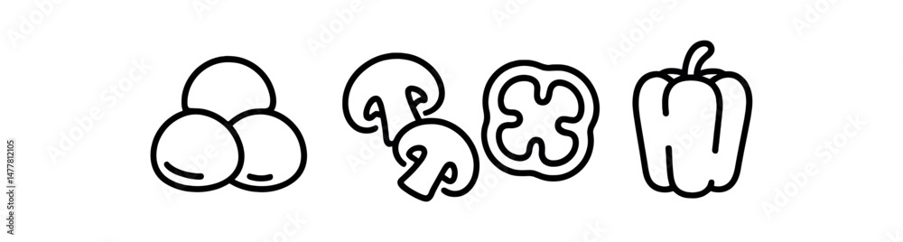 Fototapeta premium Simple black and white vegetable icons with bell pepper, mushroom, tomato vector icon illustration