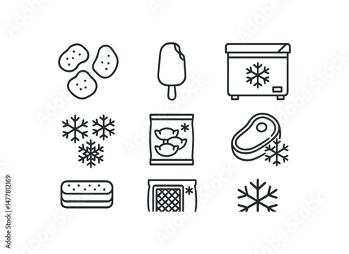 Outline icons of frozen foods and freezer equipment vector icon illustration