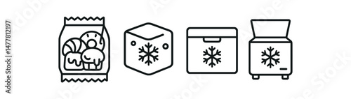 Outline icons of ice cube, freezer, and ice maker with frozen food bag vector icon illustration