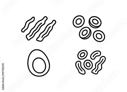Black line icons of bacon, eggs, sausage, and deli meats vector icon illustration