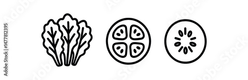 Black and white line drawings of lettuce, tomato, and cucumber slices vector icon illustration