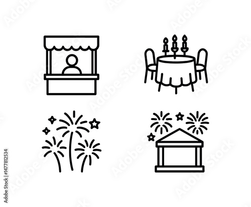 Outline illustrations of market stall, dining setup, fireworks, and pavilion vector icon illustration
