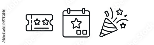 Icons of event ticket, calendar, and party popper with stars vector icon illustration
