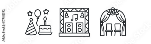 Minimalistic party icons celebration, music stage, wedding venue elements vector icon illustration
