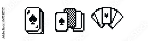 Pixel art playing cards set in black and white vector icon illustration