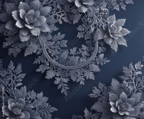 Intricate, pale floral lace on deep indigo gradient, dreamy, photography