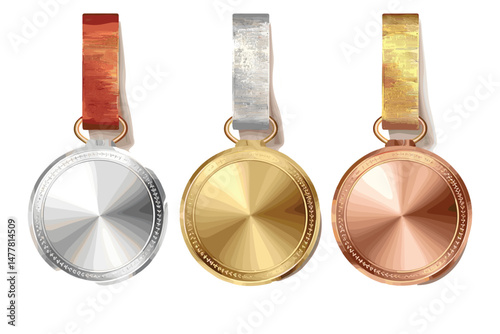 Different medals set on white background. Golden, silver and bronze.