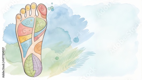 Artistic foot watercolor representing reflexology and acupuncture concept with copy space