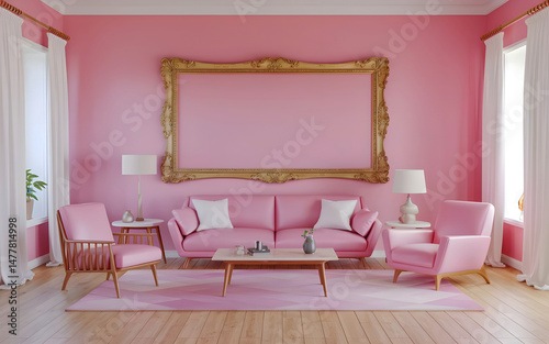 A pink sofa and chair are placed near a wall adorned with two art poster mock-up frames, creating a postmodern Memphis style interior design of the modern living room