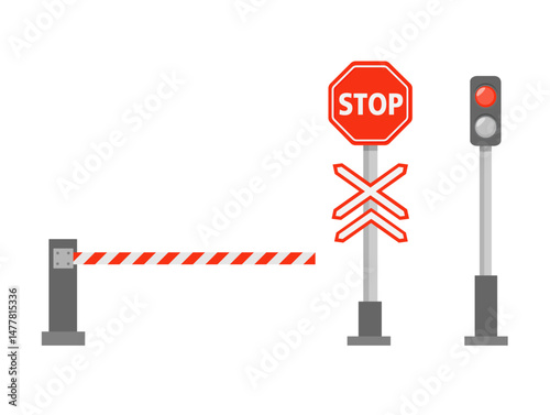 A railway barrier with a railway crossing sign isolated on white background.  Railway element. Vector stock
