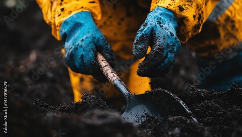 Oil spill cleanup with workers hands.