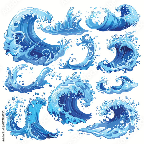 Flooding waves and tides elements. Set of waves causing destruction and ruining safety. Cartoon vector illustration isolated in white background