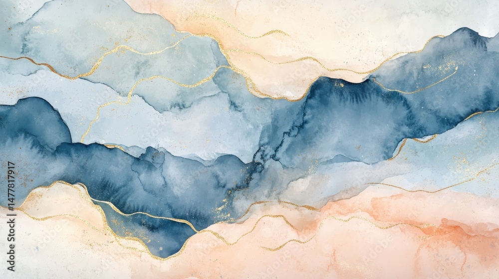 Naklejka premium Watercolor art background vector. Wallpaper design with paint brush and gold line art. Earth tone blue, pink, ivory, beige watercolor Illustration for prints, wall art, cover and invitation cards. il