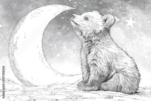 Dreamy Bear Cub Sketch with Moon and Stars: Nighttime Fantasy Illustration