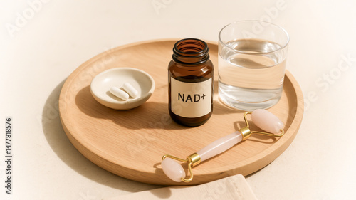 NAD+ Supplement Bottle With Capsules, Glass Of Water And Face Roller On Wooden Tray For Anti-Aging And Wellness Visuals. Concept Of Cellular Health, Daily Self-Care, Longevity Support, And Nutrition