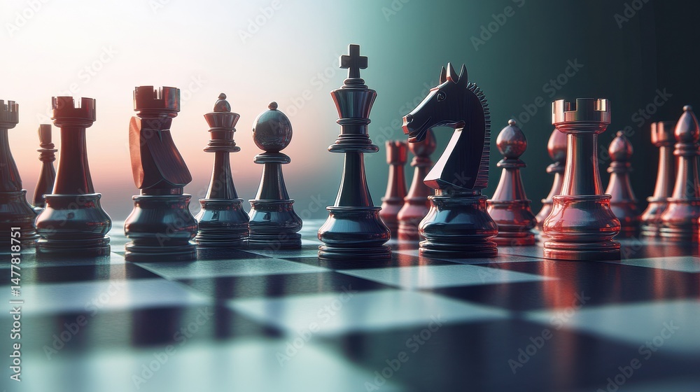 Naklejka premium A chessboard with financial symbols as chess pieces in a high-stakes game.