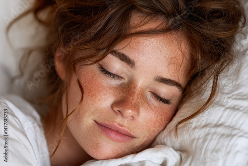 Caucasian female lying asleep in bed, wrapped in white linen, resting her head on a plush pillow, enjoying a healthy, rejuvenating sleep