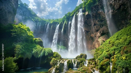 Scenic cliffs with waterfalls and moss-covered rocks  
