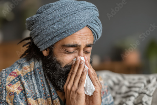 Ill Arab man with a beard sitting at home, wiping nose and sneezing due to seasonal flu or covid-19, showing indoor health struggle