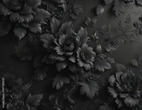 Intricate black charcoal floral wallpaper, textured elegance  , luxury, pattern
