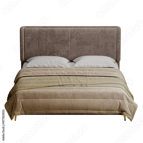 A bed with a brown headboard and a tan comforter