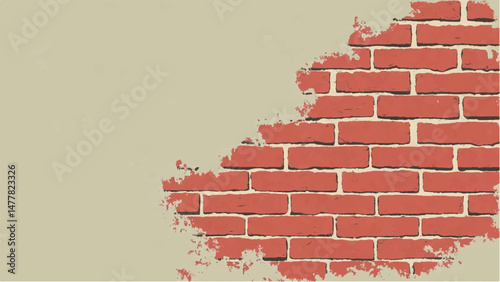 Illustration of a Classic Red Brick Wall with Weathered Edges and Faded Plaster Background.  Brick wall background. 