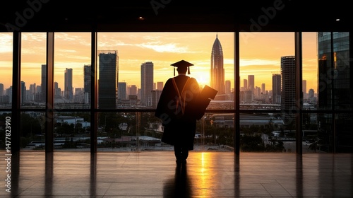 A cityscape in the background of a graduate holding their diploma.