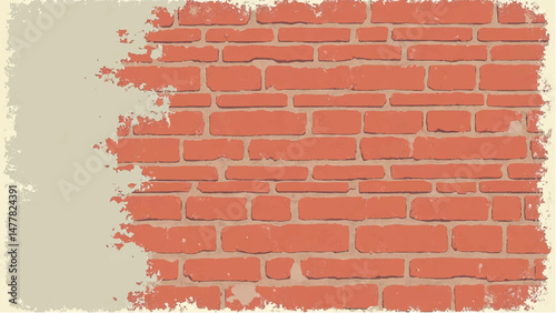 Illustration of a Classic Red Brick Wall with Weathered Edges and Faded Plaster Background.  Brick wall background. 