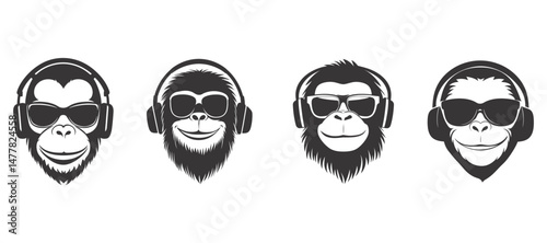 Cool Chimpanzee Heads Wearing Headphones and Sunglasses Music Design Element