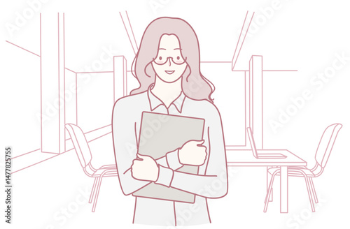A confident professional woman dressed in stylish office attire, holding a folder and fully prepared for work