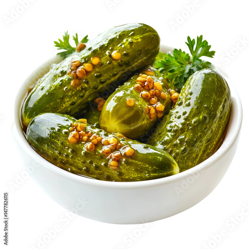 A captivating image of tangy pickles artfully arranged in a simple bowl, offering a taste of fresh, preserved goodness. The pickles gleam, hinting at their delightful. photo
