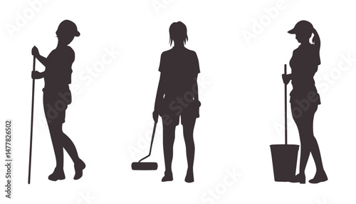 Three female worker silhouettes cleaning using various tools against a transparent background ideal for cleaning service logos or designs