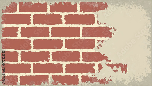 Illustration of a Classic Red Brick Wall with Weathered Edges and Faded Plaster Background.  Brick wall background. 