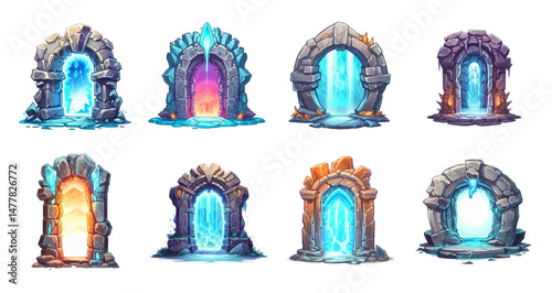 A set of colorful fantasy stone portals with glowing magical energy cores. Perfect for game design, fantasy art, adventure illustrations, and mystical concepts.
