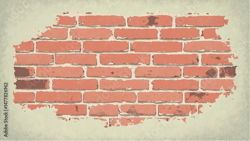 Illustration of a Classic Red Brick Wall with Weathered Edges and Faded Plaster Background.  Brick wall background. 