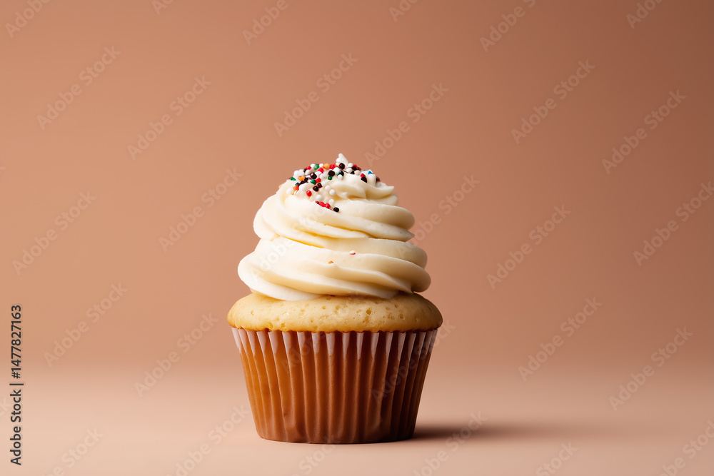 vanilla cupcake with swirl of buttercream frosting and colorful sprinkles on minimal beige background vanilla cupcake with swirl of buttercream frosting and colorful sprinkles on minimal beige background