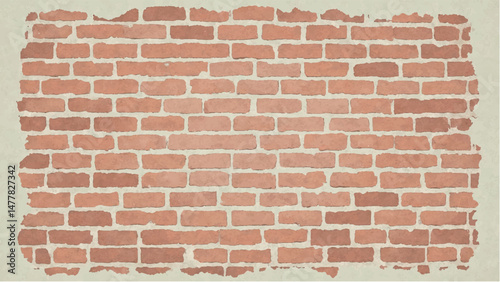 Illustration of a Classic Red Brick Wall with Weathered Edges and Faded Plaster Background.  Brick wall background. 