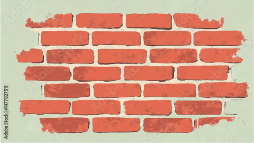 Illustration of a Classic Red Brick Wall with Weathered Edges and Faded Plaster Background.  Brick wall background. 