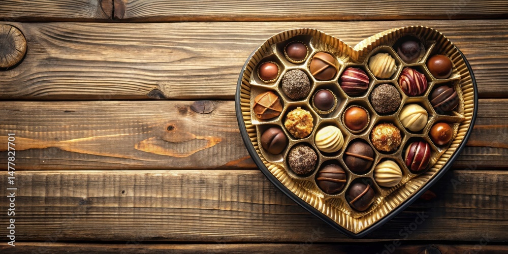 A heart-shaped box overflowing with an assortment of delectable chocolate bonbons rests on a rustic wooden surface. A heart-shaped box overflowing with an assortment of delectable chocolate bonbons rests on a rustic wooden surface.