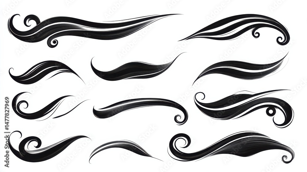 Fototapeta premium Swoosh tails. Swirl sport typography element, isolated curly text pennants. Black retro calligraphy strokes or ornament designs vector set illustration , no logos, no brands